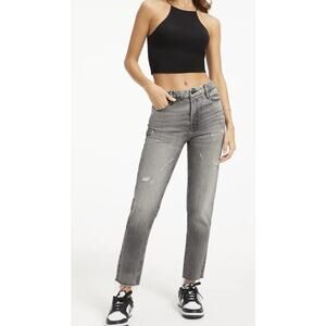 Good American The Weekender Black Denim Jeans 6/28 Straight Frayed High Rise